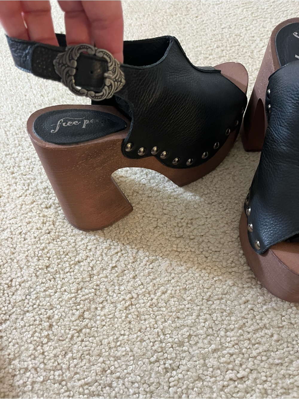 Free People Black Leather Studded Platform Clogs with Brown Wood-look Heel